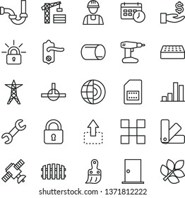 thin line vector icon set - tower crane vector, builder, drill, color samples, plastic brush, sewerage, door knob, ntrance, tile, brick, fence, lock, move up, power line, pipe, SIM card, bar chart