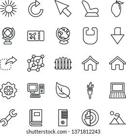 thin line vector icon set - downward direction vector, clockwise, bib, car child seat, house, hedge, globe, move right, mango, leaf, gear, computer, notebook pc, tower, repair, cursor, book, 3d cube