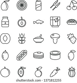 thin line vector icon set - canned goods vector, Hot Dog, mushroom, apple pie, a bowl of rice porridge, barbecue, carrot, small fish, glass tea, soda can, jar jam, pancakes, mint, cherry, grape