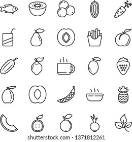 thin line vector icon set - vector e, hot porridge, beet, French fries, fish, cup of tea, strawberry, ripe peach, quince, pear, plum, blueberry, blueberries, slice melon, loquat, half, lemon, kiwi