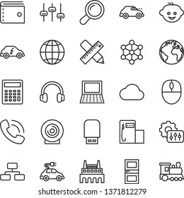 thin line vector icon set - sign of the planet vector, purse, calculator, children's hairdo, interroom door, writing accessories, earth, flowchart, lens, modern gas station, industrial factory, zoom