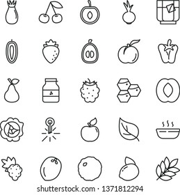 thin line vector icon set - hot porridge vector, cabbage, peper, beet, a glass of tea, jar jam, pear, honeycombs, cherry, ripe peach, grape, squash, apricot, raspberry, rose hip, blackberry, half