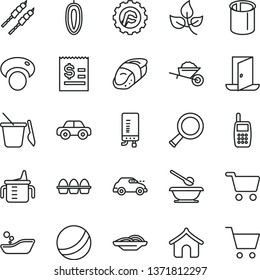 thin line vector icon set - measuring cup for feeding vector, bath ball, children's bathroom, motor vehicle, sand set, plates and spoons, garden trolley, star gear, electronic boiler, bundle of eggs