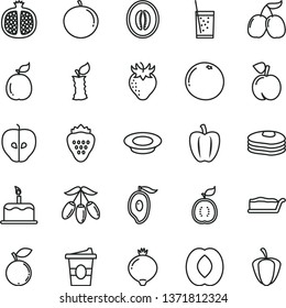 thin line vector icon set - cake vector, slice, a plate of milk, coffe to go, glass soda, strawberry, pancakes, peach, half pomegranate, tasty apple, medlar, blueberry, cornels, mango, goji berry