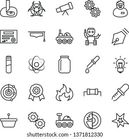 thin line vector icon set - jar vector, pan, test tube, telescope, atom, bulb, gears, biohazard, pipette, flame, scientist, graduate hat, artifical insimination, radar, earth core, medal, robot