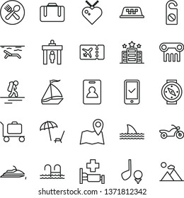 thin line vector icon set - sail boat vector, taxi, motorcycle, backpacker, identity card, security gate, suitcase, plane ticket, phone registration, beach, arnchair under umbrella, pool, cafe, map