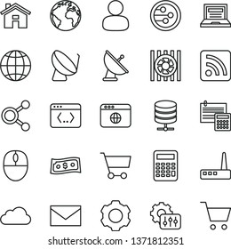 thin line vector icon set - house vector, sign of the planet, laptop, envelope, rss feed, calculation, earth, big data server, satellite dish, cart, connections, man, radiator fan, mouse, router