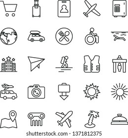 thin line vector icon set - earth vector, plane, car baggage, hang glider, backpacker, identity card, security gate, rolling suitcase, getting, beach, sun, palm tree, cafe, hotel, disabled, camera