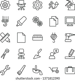 thin line vector icon set - monitor window vector, clean sheet of paper, hook, winch, cogwheel, building trolley, trowel, adjustable wrench, cordless drill, arm saw, writing accessories, drawing