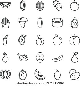 thin line vector icon set - canned goods vector, mushroom, chicken, beet, fried potato slices, apple, pear, grape, half of medlar, mulberry, melon, slice water, mango, delicious plum, date fruit