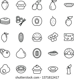 thin line vector icon set - piece of cheese vector, mini hot dog, big burger, slices onion, cake, muffin, glazed with a hole, plate milk, sushi set, popcorn, fried egg, blueberries, pancakes, quince