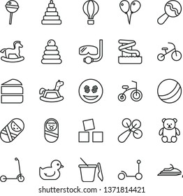 thin line vector icon set - beanbag vector, baby rattle, duckling, bath ball, stacking rings, toy, roly poly doll, tumbler, children's sand set, small teddy bear, rocking horse, cubes for children
