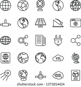 thin line vector icon set - sign of the planet vector, globe, earth, passport, solar panel, plug, CO2, carbon dyoxide, connection, connections, recession, newspaper, network, browser, connect