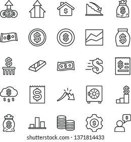 thin line vector icon set - dollar vector, line chart, strongbox, coins, recession, a crisis, article on the, financial item, money, dollars, growth arrows, gold bar, rain, coin, mortgage, pedestal