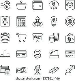 thin line vector icon set - bank card vector, purse, dollar, calculation, strongbox, coins, shopping cart, basket, reverse side of a, column, chart, denomination the, financial item, dollars, report