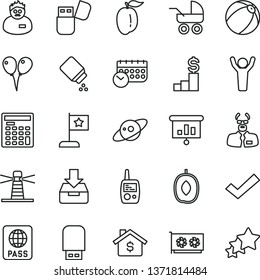 thin line vector icon set - check mark vector, baby powder, carriage, bath ball, toy mobile phone, colored air balloons, passport, put in a box, delicious plum, ripe, lighthouse, schedule, gpu card