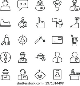 thin line vector icon set - potty chair vector, a for feeding child, funny hairdo, builder, garden trolley, index finger, pass card, operator, welding, woman, man in sight, goal, think, scientist