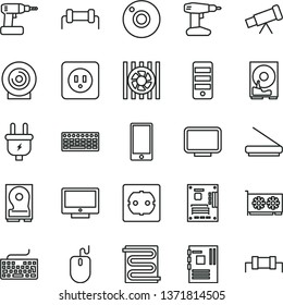 thin line vector icon set - camera vector, keyboard, cordless drill, power socket type b, f, heating coil, screen, smartphone, lens, plug, radiator fan, mouse, pc tower, motherboard, gpu card, hdd