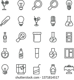 thin line vector icon set - matte light bulb vector, incandescent lamp, mercury thermometer, e, window, interroom door, a glass of tea, cocktail, bottle soda, jam, liquor, round flask, magnifying
