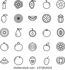 thin line vector icon set - strawberry vector, pomegranate, apricot, tasty mulberry, water melon, half of mango, slice, tangerine, plum, cherry, lemon, juicy, kiwi, passion fruit, orange, grapefruit