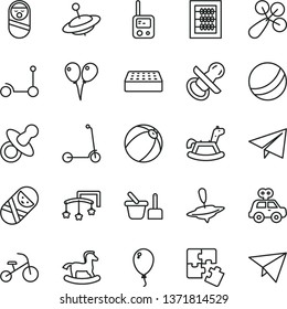 thin line vector icon set - paper airplane vector, toys over the cot, dummy, nipple, new abacus, baby rattle, bath ball, motor vehicle present, roly poly doll, tumbler, toy phone, sand set, yule