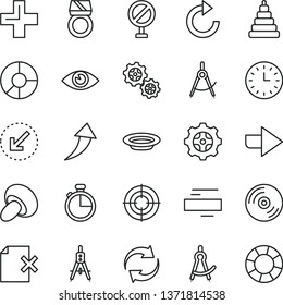 thin line vector icon set - prohibition vector, right direction, renewal, plus, minus, clockwise, stacking toy, left bottom arrow, eye, timer, CD, delete page, porcini, plate, gear, gears, Measuring