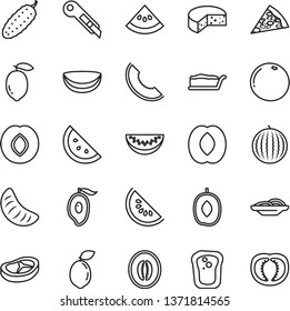 thin line vector icon set - stationery knife vector, cheese, piece of pizza, slices onion, cake slice, bacon, cucumber, orange, sandwich, plum, water melon, half mango, delicious, peach, tangerine