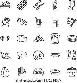 thin line vector icon set - a chair for feeding vector, child, plastic fork spoons, iron, stick of sausage, cheese, piece pizza, Hot Dog, mini, burger, spaghetti, pie, lettuce in plate, chicken