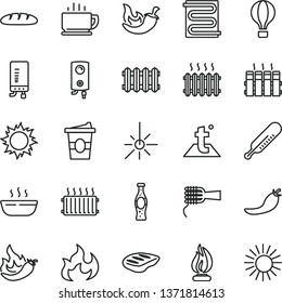 thin line vector icon set - mercury thermometer vector, heating coil, temperature, radiator, new, boiler, electronic, coffee, loaf, noodles, hot porridge, chop, chili, coffe to go, bottle of soda