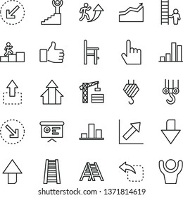 thin line vector icon set - upward direction vector, downward, growth chart, a chair for feeding, tower crane, hook, winch, stepladder, ladder, left bottom arrow, index finger, move up, right, bar