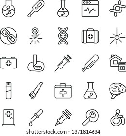 thin line vector icon set - spectacles vector, first aid kit, electronic thermometer e, mercury, bag of a paramedic, medical, arm saw, estimate, cardiogram, flask, outdoor, test tube, dna, brain