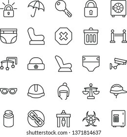 thin line vector icon set - mark of injury vector, spectacles, scales, toys over the cot, diaper, nappy, powder, Baby chair, car child seat, winter hat, warm, construction helmet, dust bin, lock