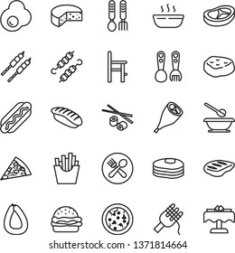 thin line vector icon set - plates and spoons vector, a chair for feeding, plastic fork, iron, stick of sausage, cheese, pizza, piece, Hot Dog, burger, spaghetti, porridge, grill chicken leg, bacon