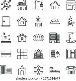 thin line vector icon set - house vector, box of bricks, dwelling, brick wall, window, ntrance door, buildings, city block, tile, ceramic tiles, fence, paving slab, industrial enterprise, 3d cube