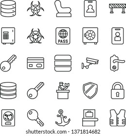 thin line vector icon set - Baby chair vector, key, door knob, road fence, lock, anchor, passport, big data, strongbox, reverse side of a bank card, biohazard, identity, baggage scanner, access