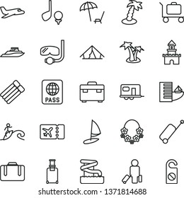 thin line vector icon set - suitcase vector, passport, sand castle, plane, camper, passenger, rolling, ticket, case, hotel, tent, arnchair under umbrella, palm tree, hawaii wreath, aquapark, surfing