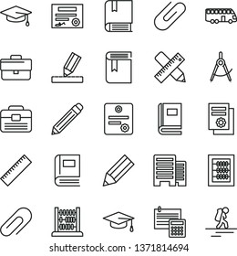 thin line vector icon set - clip vector, briefcase, graphite pencil, yardstick, book, new abacus, e, portfolio, buildings, writing accessories, drawing, calculation, scribed compasses, graduate hat