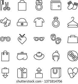 thin line vector icon set - paper bag vector, purse, spectacles, hat, accessories for a hairstyle, warm socks, Knitted, shoes little children, winter, with handles, T shirt, folded, hanger, hand