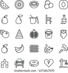 thin line vector icon set - stacking toy vector, children's sand set, a chair for feeding, box of bricks, concrete mixer, paint bucket, roller, wooden brush, broken heart, cake with hole, pear, kiwi