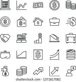 thin line vector icon set - growth up vector, dollar, graph, chart, abacus, case, suitcase, coins, column of, recession, financial item, hand shake, purse, cash machine, money bag, coin, mortgage