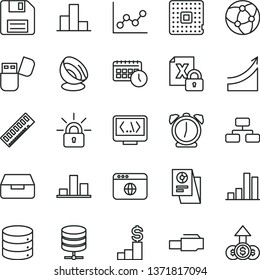 thin line vector icon set - floppy disk vector, bar chart, graph, alarm clock, big data, flowchart, server, drawer, processor, statistical research, agenda, encrypting, memory, usb flash, network