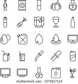 thin line vector icon set - measuring cup for feeding vector, packing of juice with a straw, drop, screen, glass soda, tea, can, bottle, round flask, oil, canister, monitor, test tube, pipette