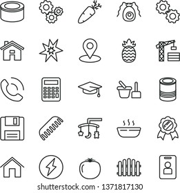 thin line vector icon set - house vector, toys over the cradle, comb, toy sand set, tower crane, hedge, home, phone call, canned goods, tin, hot porridge, carrot, pineapple, persimmon, geolocation