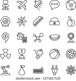 thin line vector icon set - baby bath ball vector, comb, warm hat, estimate, spatula, speech, shipment, lens, pizza, apple, pear, piece of coconut, electric plug, radiation, assembly robot, keyboard
