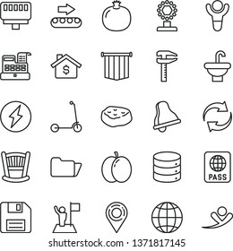 thin line vector icon set - bell vector, floppy disk, renewal, cradle, child Kick scooter, washbasin, earth, passport, big data, piece of meat, apple, pomegranate, production conveyor, calipers, cup