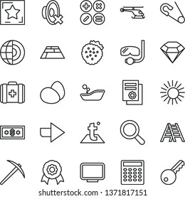 thin line vector icon set - right direction vector, magnifier, silent mode, open pin, children's bathroom, medical bag, ladder, paving slab, temperature, math actions, eggs, strawberries, monitor