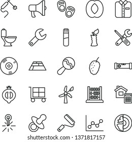 thin line vector icon set - repair key vector, cargo trolley, graph, dummy, beanbag, shoes for little children, abacus, small tools, new roller, toilet, construction level, estimate, paving slab, cd