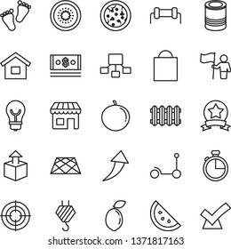 thin line vector icon set - paper bag vector, footprints, Kick scooter, dwelling, hook, pavement, new radiator, bulb, timer, unpacking, tin, pizza, orange slice, tangerine, half of kiwi, sour lime