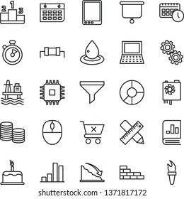 thin line vector icon set - brick wall vector, writing accessories, crossed cart, cake, pedestal, sea port, drop of oil, filter, coins, bar chart, recession, ring diagram, book on statistics, agenda