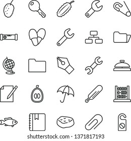 thin line vector icon set - repair key vector, clip, open pin, mercury thermometer, abacus, construction level, notebook, umbrella, flowchart, notes, piece of meat, fish, tasty mulberry, half loquat